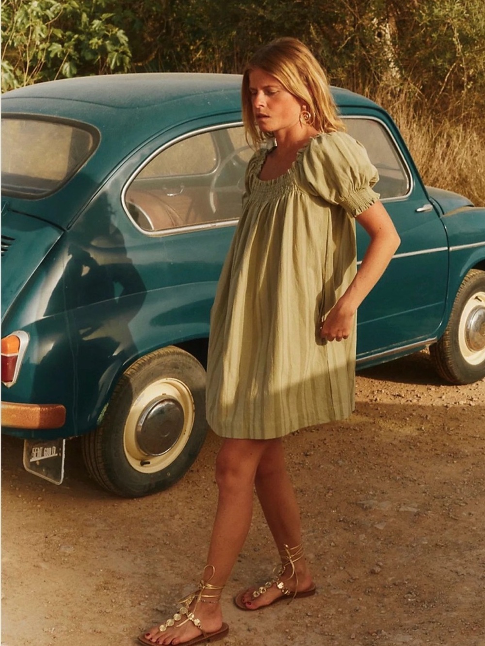 Free People Girls Olive Striped Puff Sleeve Dress
